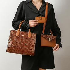 3pcs Crocodile Pattern Tote Bag Set Large Handbag Crossbody Clutch Purse