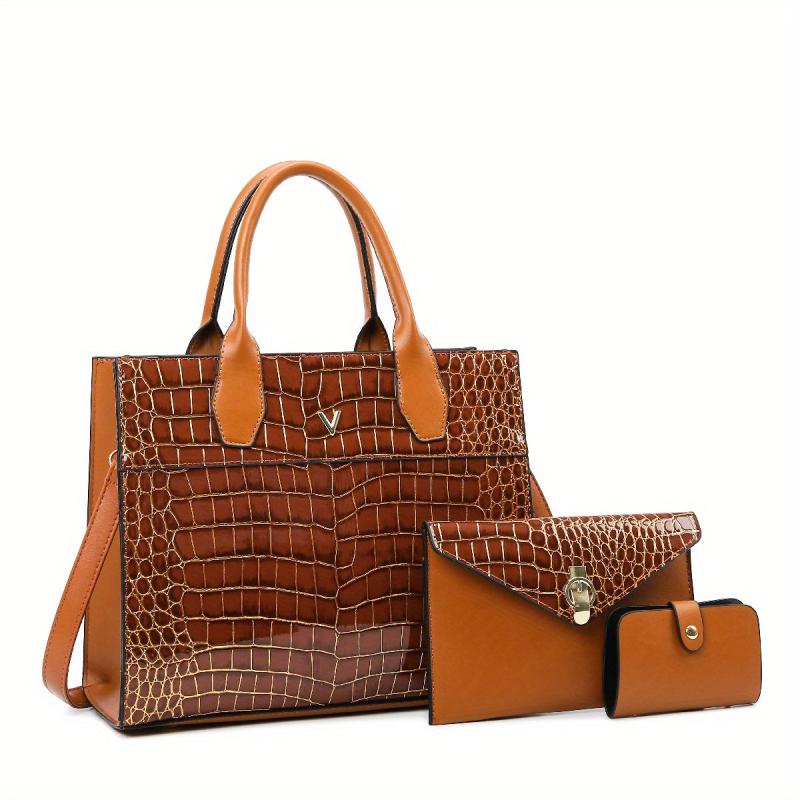 3pcs Crocodile Pattern Tote Bag Set Large Handbag Crossbody Clutch Purse