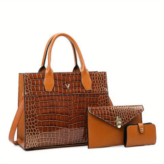 3pcs Crocodile Pattern Tote Bag Set Large Handbag Crossbody Clutch Purse