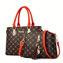 2Pcs Floral Print Handbag Set Women's PU Leather Tote Bag Tassel Decor