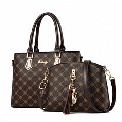 2Pcs Floral Print Handbag Set Women's PU Leather Tote Bag Tassel Decor