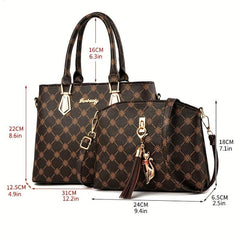 2Pcs Floral Print Handbag Set Women's PU Leather Tote Bag Tassel Decor