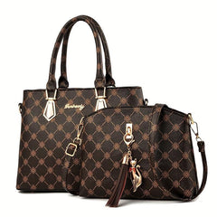2Pcs Floral Print Handbag Set Women's PU Leather Tote Bag Tassel Decor