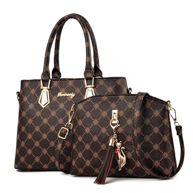 2Pcs Floral Print Handbag Set Women's PU Leather Tote Bag Tassel Decor