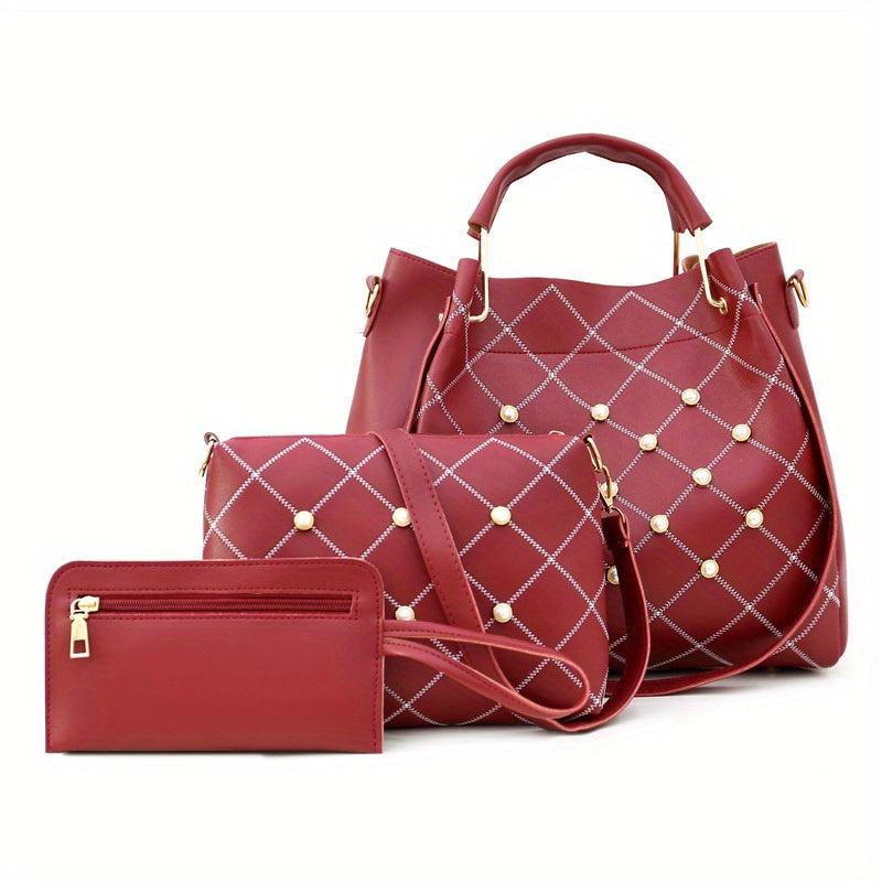 Geometric Pearl Decor Hand Bag Set - 3-in-1 Shoulder, Crossbody & Clutch Purse