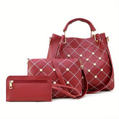 Geometric Pearl Decor Hand Bag Set - 3-in-1 Shoulder, Crossbody & Clutch Purse
