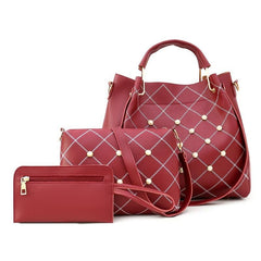 Geometric Pearl Decor Hand Bag Set - 3-in-1 Shoulder, Crossbody & Clutch Purse