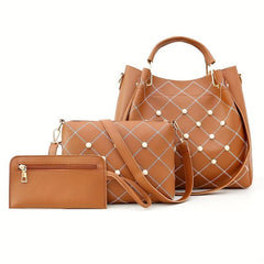 Geometric Pearl Decor Hand Bag Set - 3-in-1 Shoulder, Crossbody & Clutch Purse