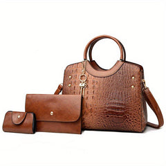 Crocodile Embossed Handbag with Clutch & Card Holder