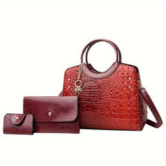 Crocodile Embossed Handbag with Clutch & Card Holder