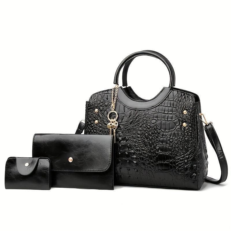 Crocodile Embossed Handbag with Clutch & Card Holder