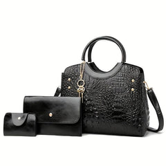 Crocodile Embossed Handbag with Clutch & Card Holder