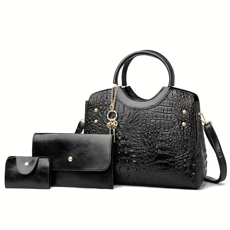 Crocodile Embossed Handbag with Clutch & Card Holder