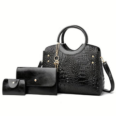 Crocodile Embossed Handbag with Clutch & Card Holder