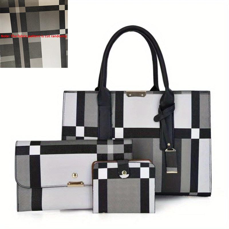 3Pcs Plaid Pattern Bag Set Women's Colorblock Handbags With Clutch Purses