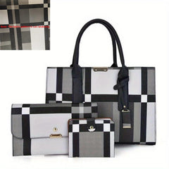 3Pcs Plaid Pattern Bag Set Women's Colorblock Handbags With Clutch Purses