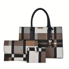 3Pcs Plaid Pattern Bag Set Women's Colorblock Handbags With Clutch Purses