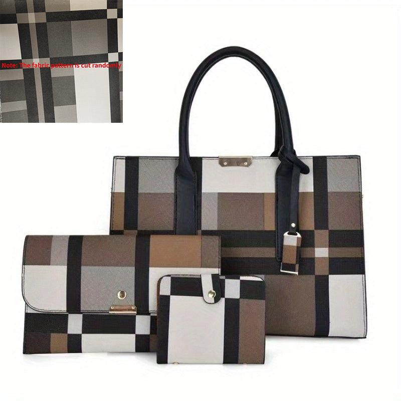 3Pcs Plaid Pattern Bag Set Women's Colorblock Handbags With Clutch Purses