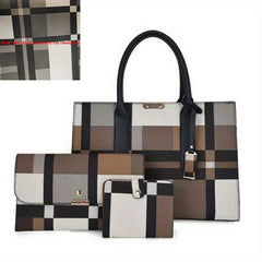 3Pcs Plaid Pattern Bag Set Women's Colorblock Handbags With Clutch Purses