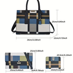 3Pcs Plaid Pattern Bag Set Women's Colorblock Handbags With Clutch Purses