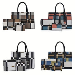 3Pcs Plaid Pattern Bag Set Women's Colorblock Handbags With Clutch Purses