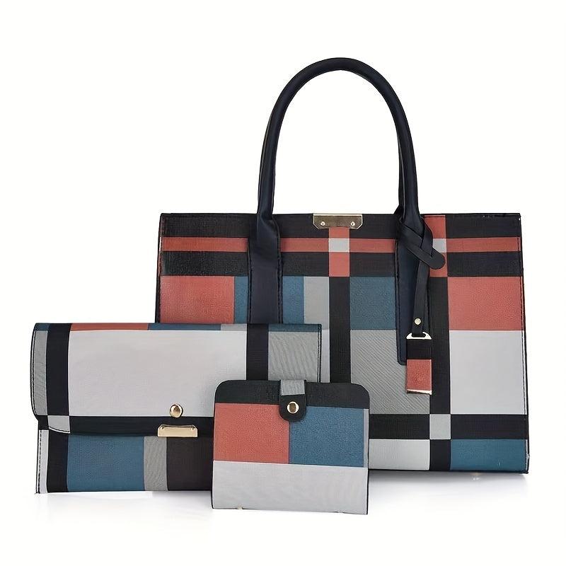 3Pcs Plaid Pattern Bag Set Women's Colorblock Handbags With Clutch Purses