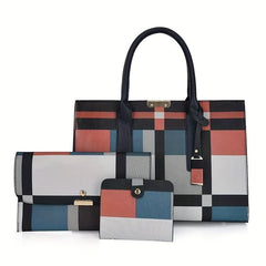 3Pcs Plaid Pattern Bag Set Women's Colorblock Handbags With Clutch Purses