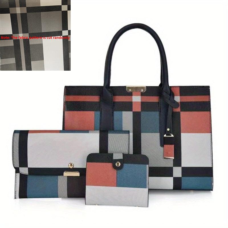 3Pcs Plaid Pattern Bag Set Women's Colorblock Handbags With Clutch Purses
