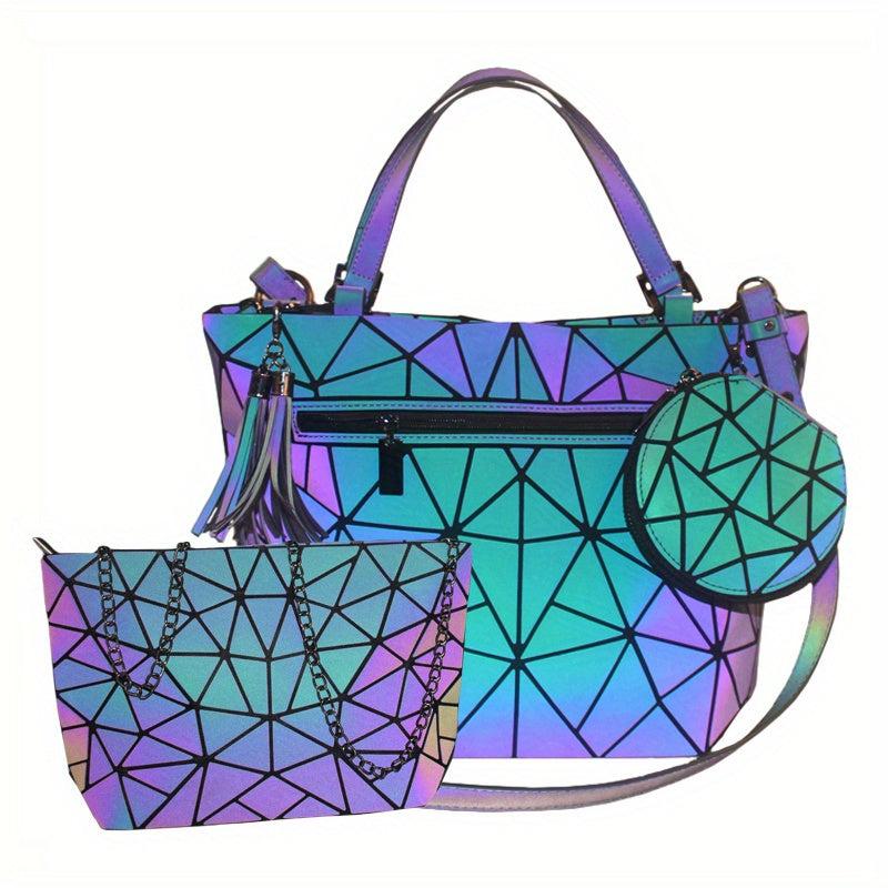 3Pcs Geometric Luminous Bag Set Handbag Crossbody Clutch Purse for Women