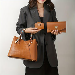 3pcs Crocodile Pattern Handbag Women's Tote Bag Set