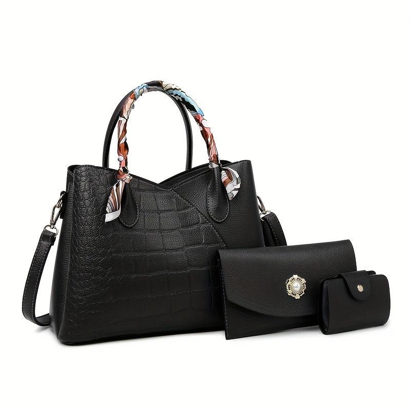 3pcs Crocodile Pattern Handbag Women's Tote Bag Set