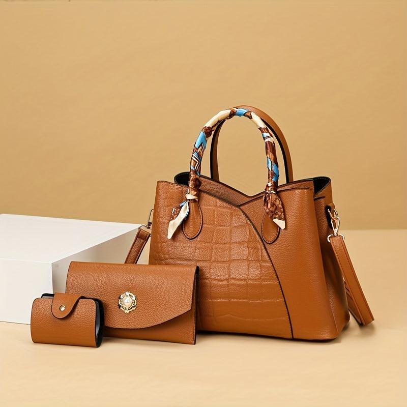 3pcs Crocodile Pattern Handbag Women's Tote Bag Set