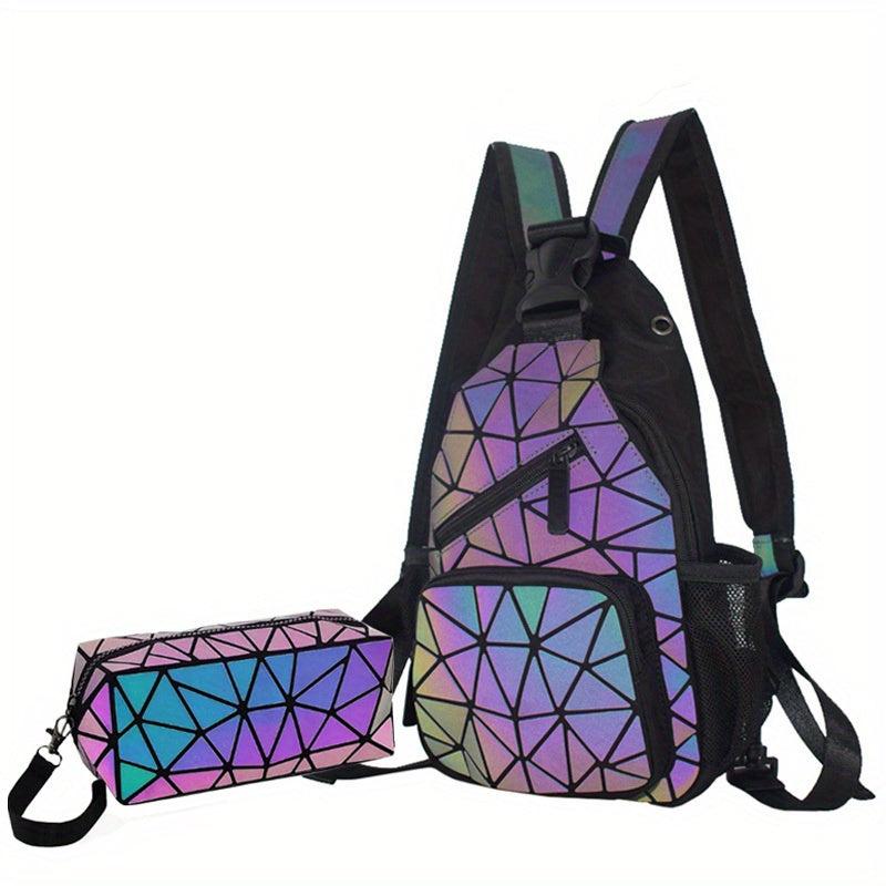 2 Pcs Geometric Pattern Chest Bag Sets Lightweight Backpack Travel Storage Bags