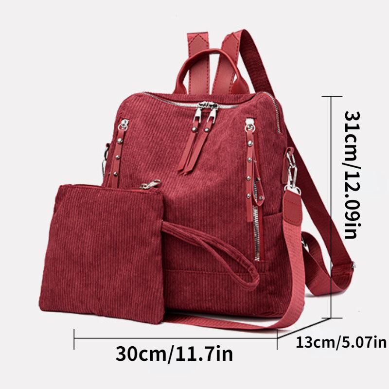 2PCS Corduroy Convertible Backpack Set Versatile School Bag & Purse