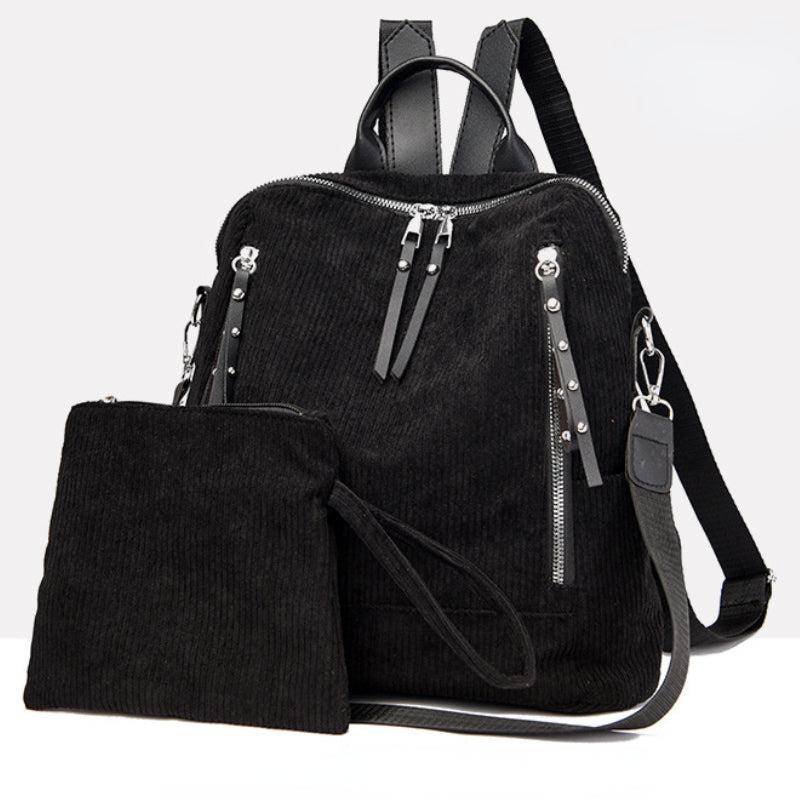 2PCS Corduroy Convertible Backpack Set Versatile School Bag & Purse