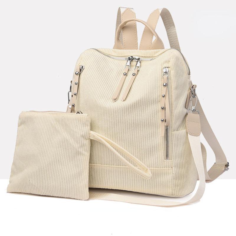 2PCS Corduroy Convertible Backpack Set Versatile School Bag & Purse