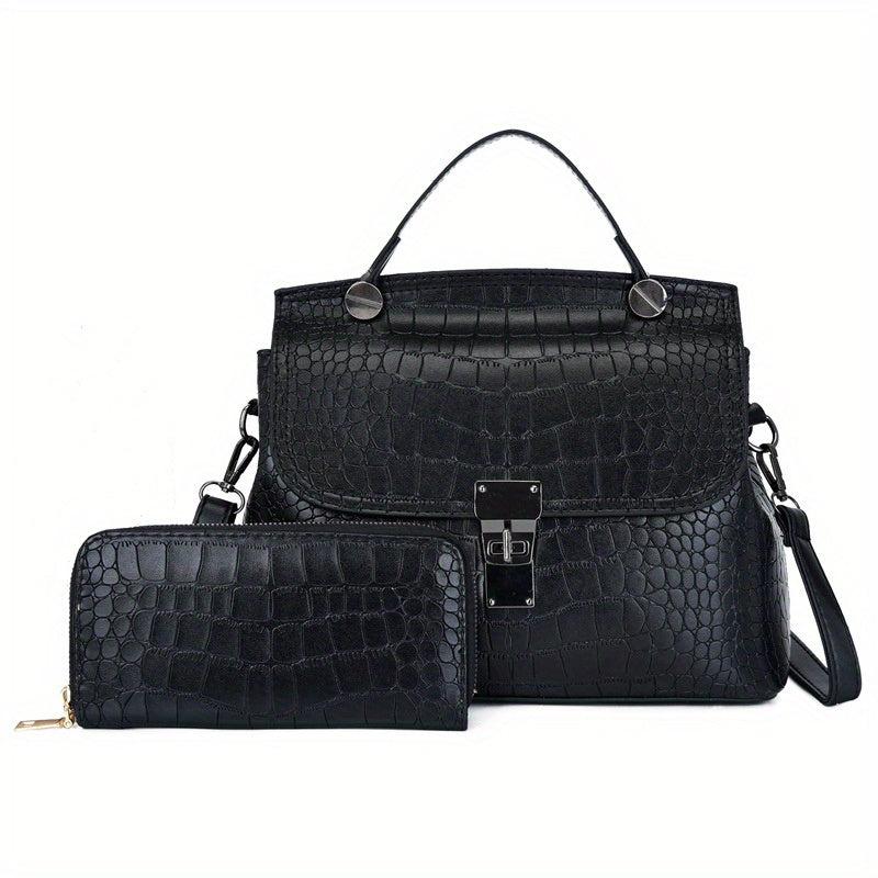Crocodile Pattern Tote Bag Set with Clutch Wallet