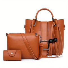 3pcs PU Leather Tote Crossbody Bag Set Textured Shoulder Bag