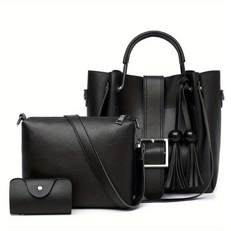 3pcs PU Leather Tote Crossbody Bag Set Textured Shoulder Bag