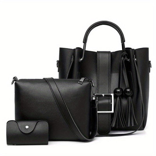 3pcs PU Leather Tote Crossbody Bag Set Textured Shoulder Bag
