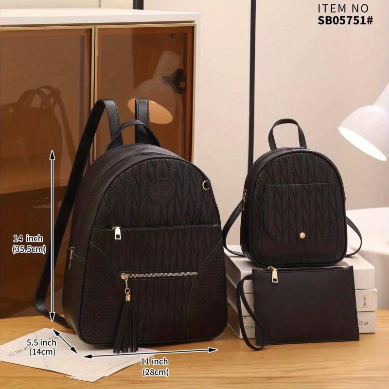 3pcs Large Capacity Backpack Wristlet Purse Set PU Leather Tassel