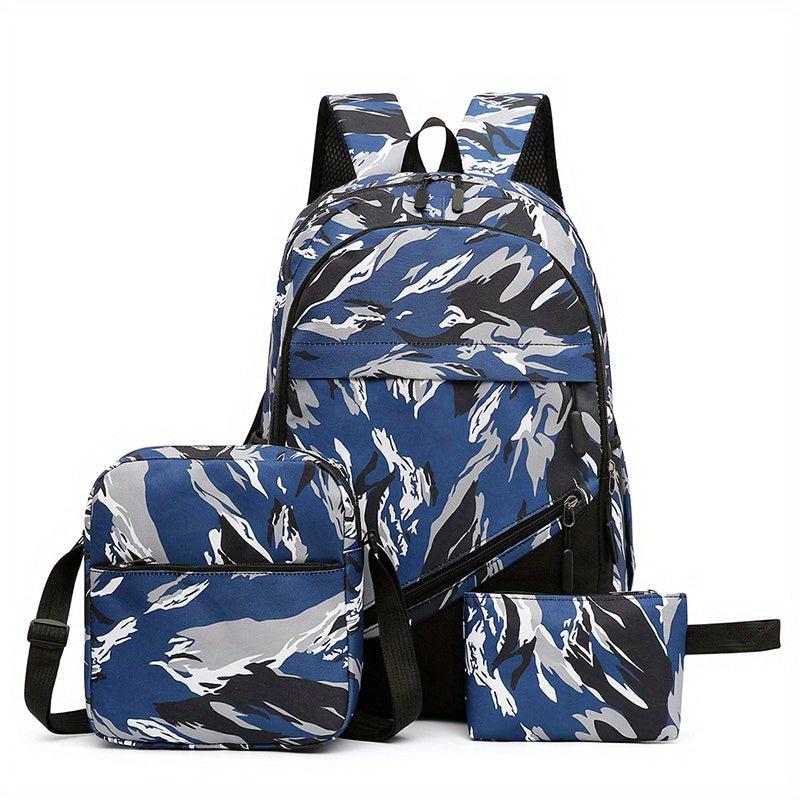 3Pcs Nylon Backpack Set Stripe Print School Bag With Crossbody Bag