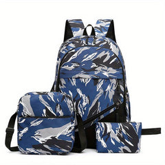 3Pcs Nylon Backpack Set Stripe Print School Bag With Crossbody Bag