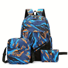 3Pcs Nylon Backpack Set Stripe Print School Bag With Crossbody Bag