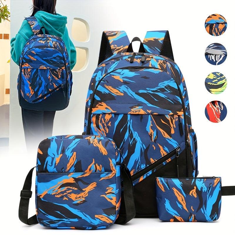 3Pcs Nylon Backpack Set Stripe Print School Bag With Crossbody Bag