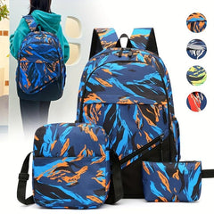 3Pcs Nylon Backpack Set Stripe Print School Bag With Crossbody Bag