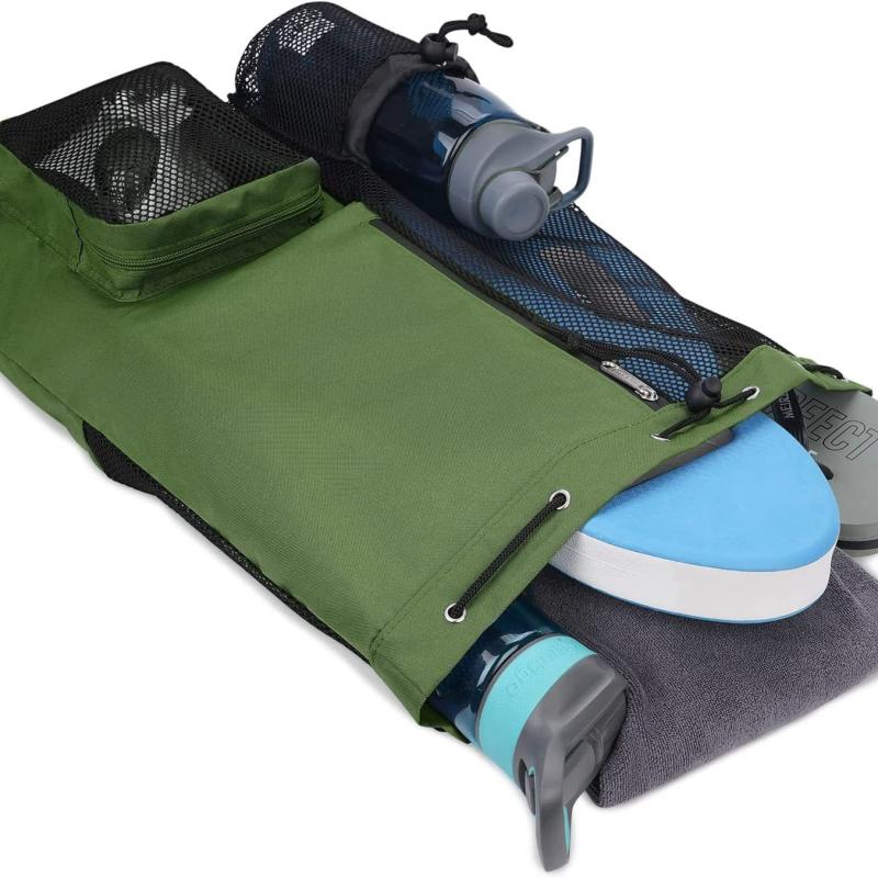Mesh Drawstring Backpack Travel Beach Swimming Bag With Bottle Pocket