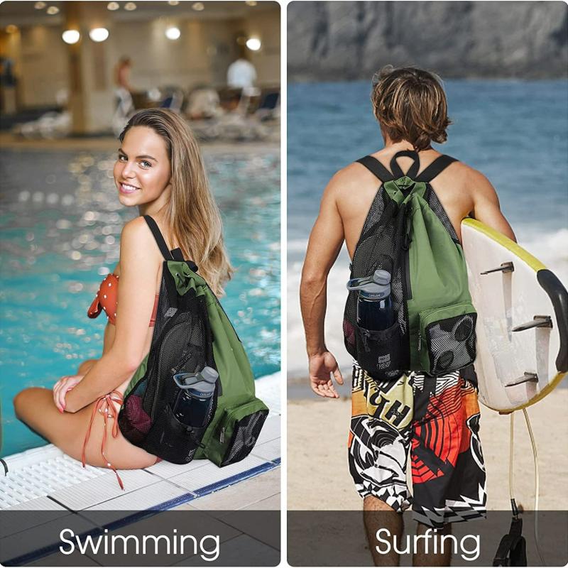 Mesh Drawstring Backpack Travel Beach Swimming Bag With Bottle Pocket