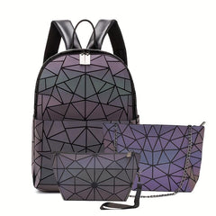 3Pcs Geometric Luminous Backpack Set with Crossbody Bag & Pouch