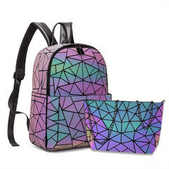 3Pcs Geometric Luminous Backpack Set with Crossbody Bag & Pouch